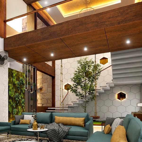 Living room interior with warm lighting and premium finishes